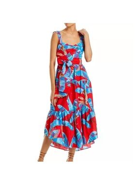 Farm Rio Red Tropical-Print Midi Dress with Tie Waist. New . Size Small